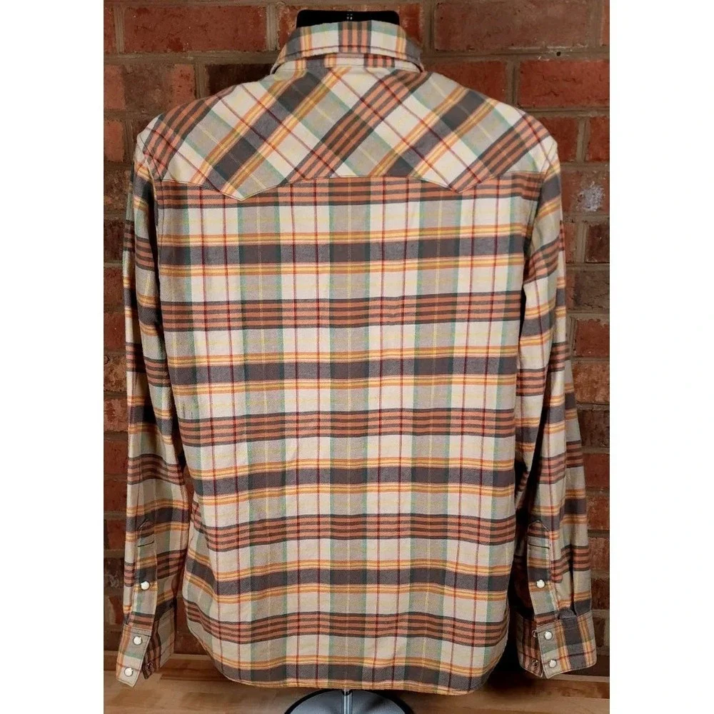 True Religion Shirt Men Tag Size 2XL Fits Large Beige Plaid Pearl Snap